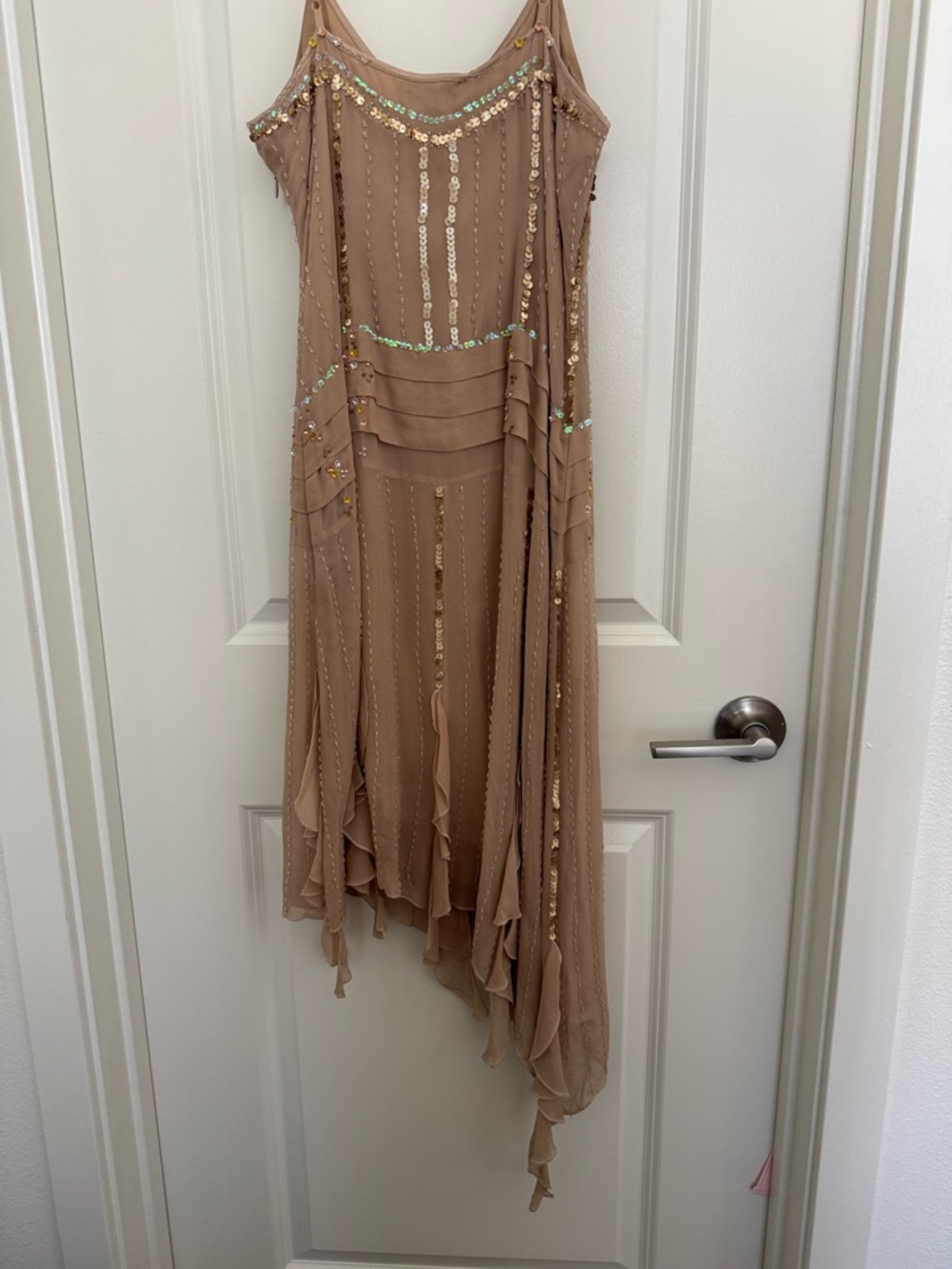 bebe Nude-Beige Sequin Drop Waist Asymmetrical 100% silk Slip Dress - Picture 5 of 6